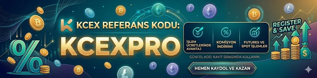 KCEX kripto borsası referans kodu promosyon bannerı. KCEXPRO kodu ile neon mavi-siyah tasarımda Bitcoin, Ethereum ve Litecoin coinleri, yüzde indirim simgeleri ve büyük avantajlar.