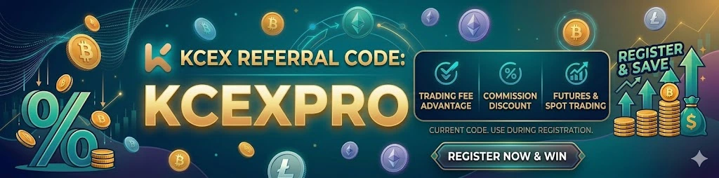 KCEX crypto exchange referral code promotional banner featuring KCEXPRO code in neon blue-black design with floating Bitcoin, Ethereum, Litecoin coins, discount percentages and trading benefits.